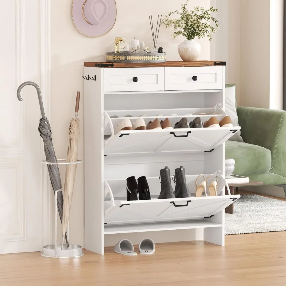 Shoe Cabinet with 2 Flip Drawers, Hidden Shoe Storage Cabinet with 2 Pull-Out Drawers, Farmhouse Shoe Organizer for Entryway, Na