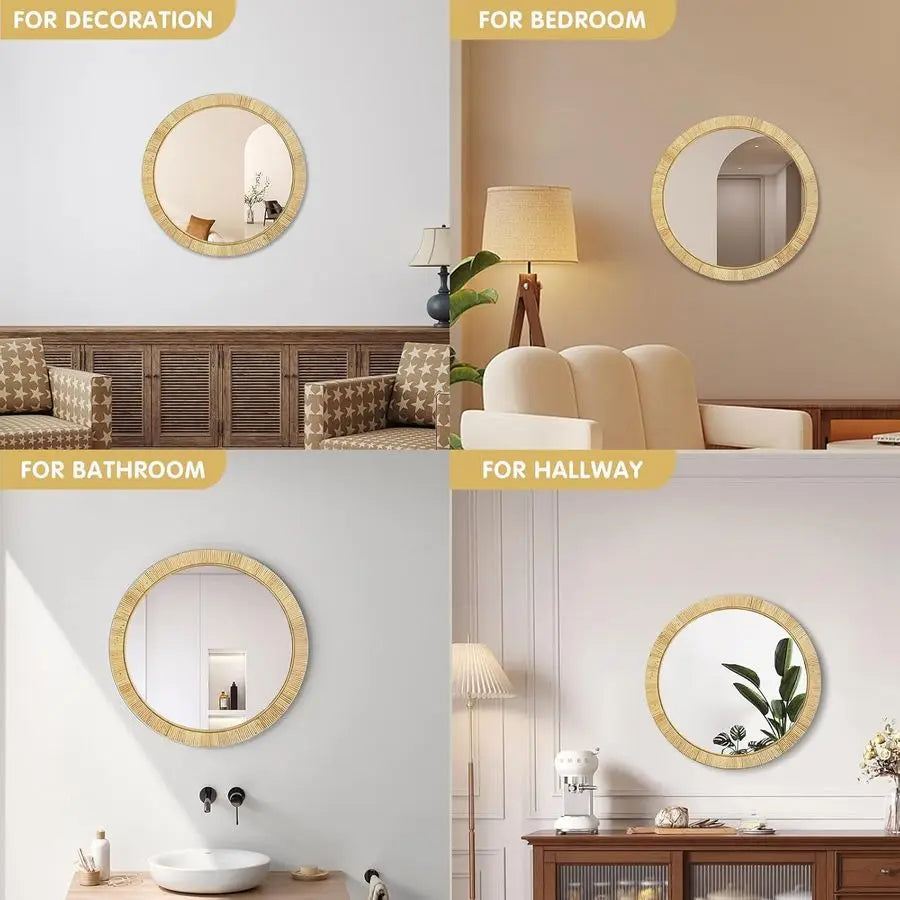 Rattan Wall Mirror Boho Round Vanity For Bedroom Living Room