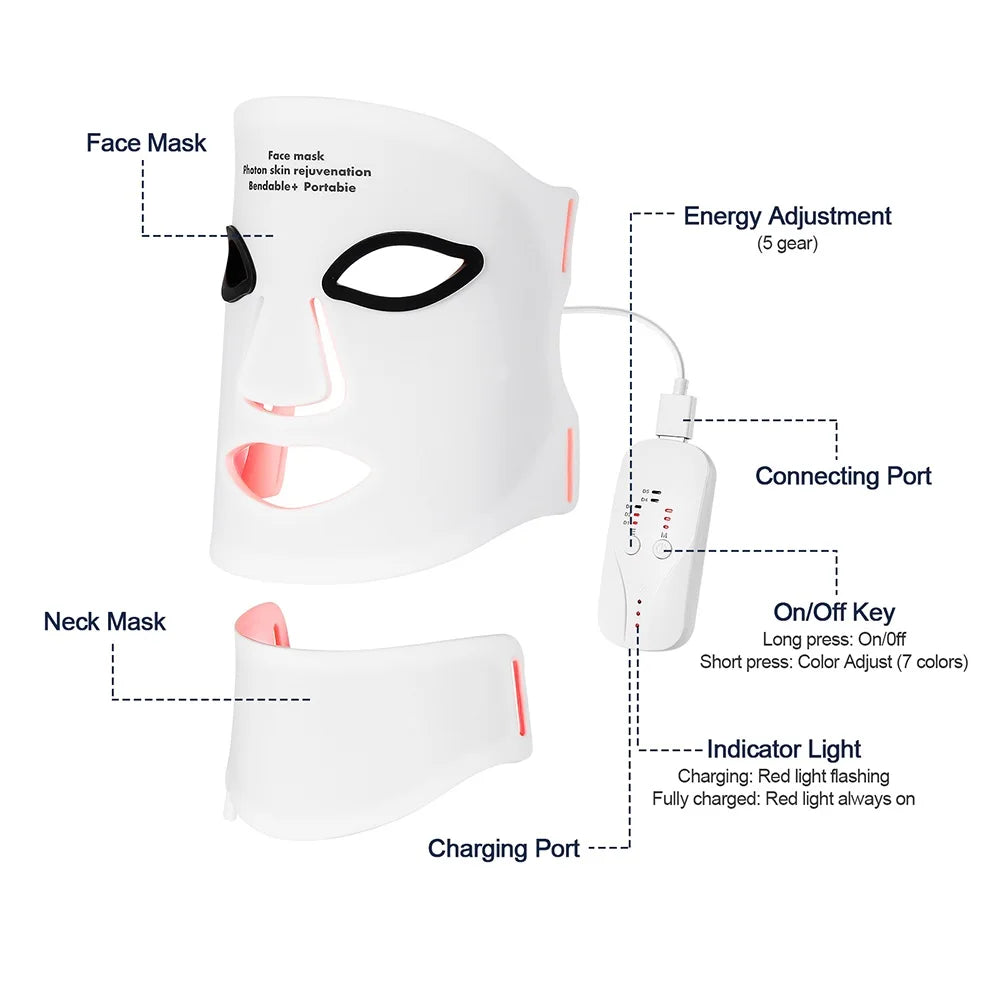 Foreverlily Silicone LED Mask With Neck 7 Color Red Light Infrared Therapy
