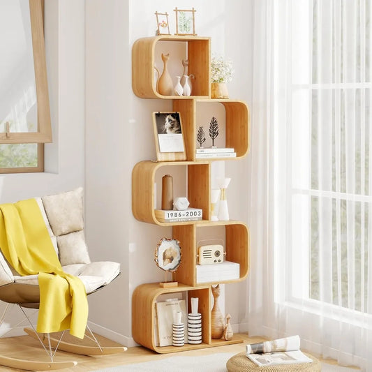 Bamboo Geometric Bookshelf 5-Tier S-Shaped Freestanding Display Shelf Unit Modern