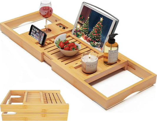 Hign-concerned SuperCollapsible Bamboo Bathtub Caddy Tray with Wine Glass Holders