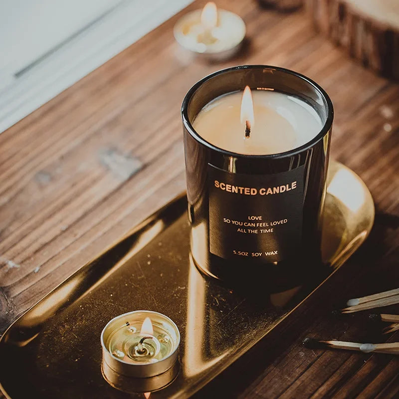 100% Natural Soy Wax Candles Jar Sandalwood Scented Black Candles Glass Container Home Decorative Vase