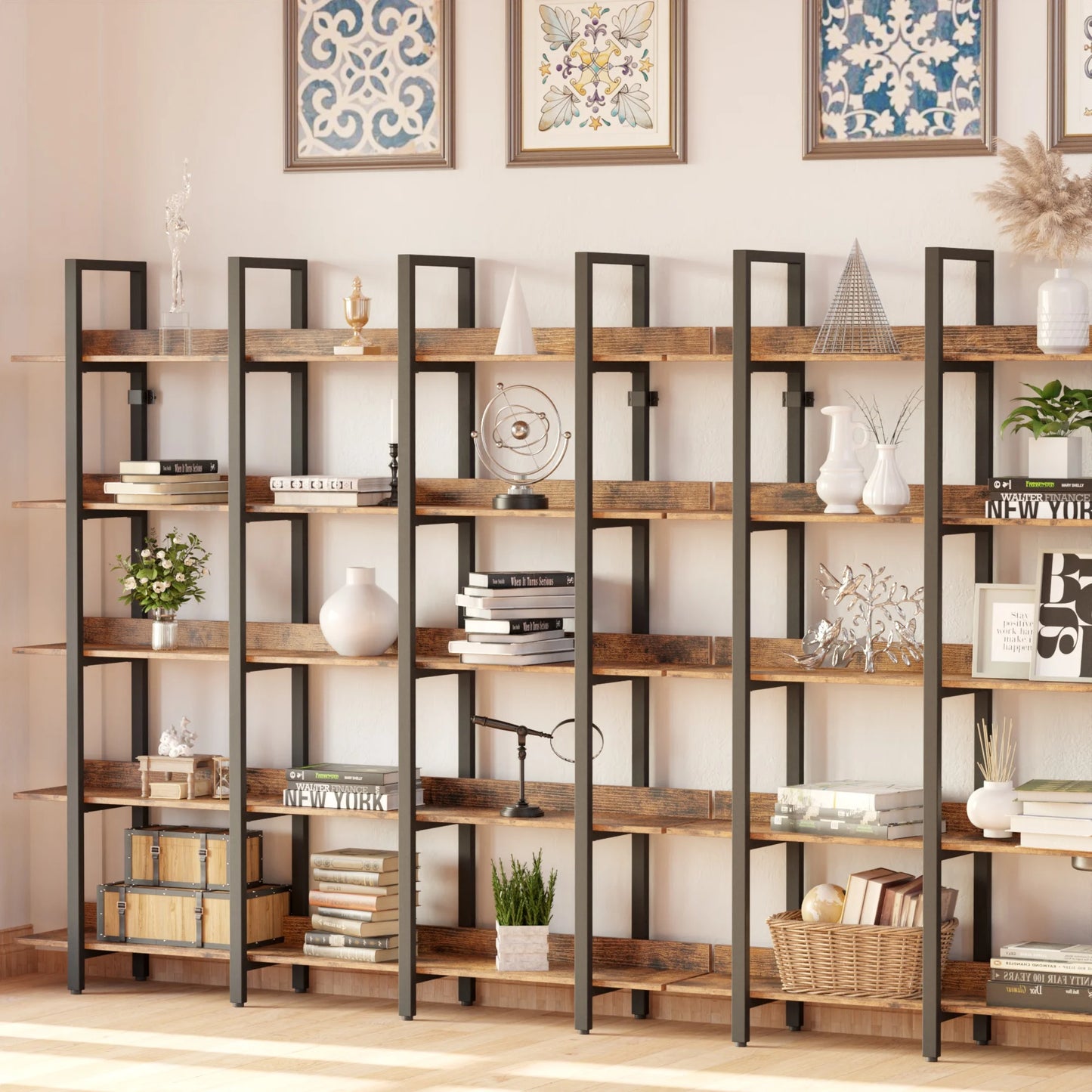 IRONCK Triple Wide 5 Tier Etagere Bookcase With Back Fence