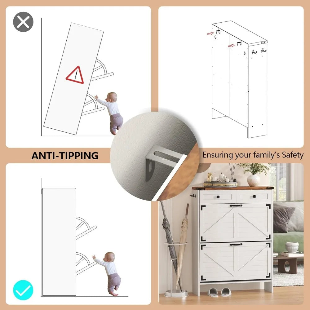 Shoe Cabinet with 2 Flip Drawers, Hidden Shoe Storage Cabinet with 2 Pull-Out Drawers, Farmhouse Shoe Organizer for Entryway, Na