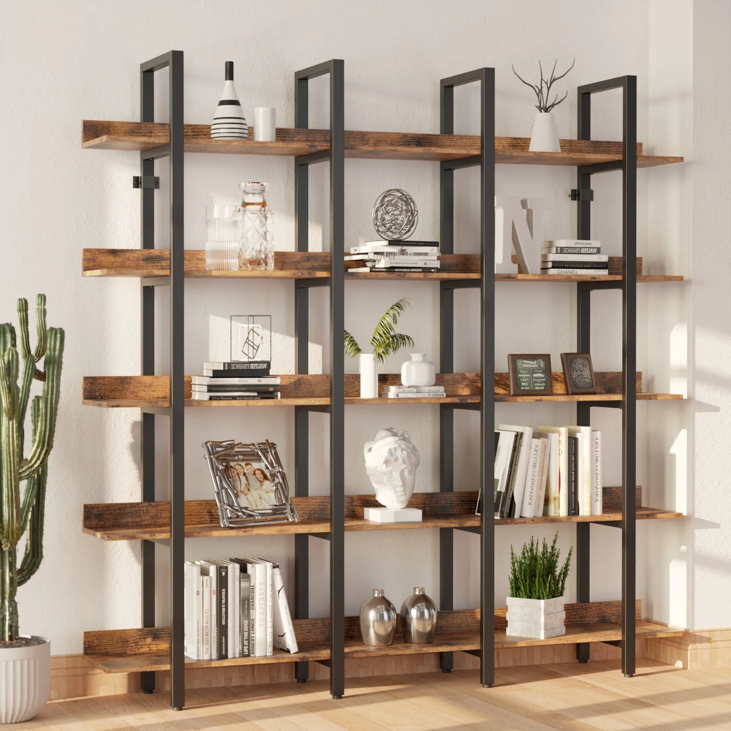 IRONCK Triple Wide 5 Tier Etagere Bookcase With Back Fence