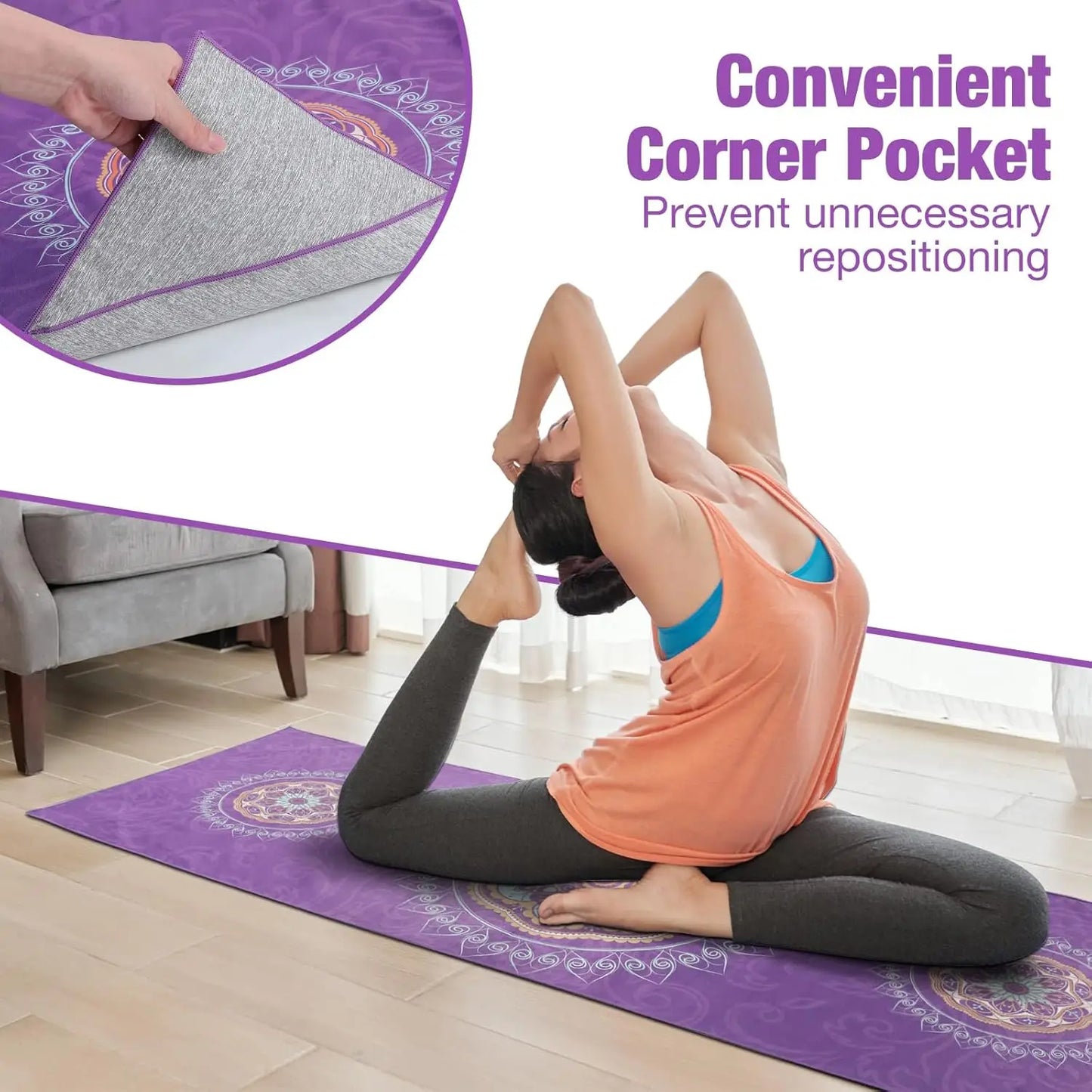 Non Slip Yoga Mat Towel With Quick Dry Corner Pocket Mandala Pattern