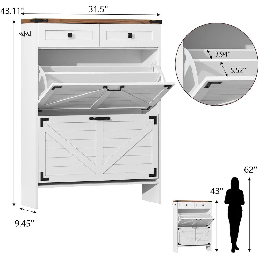 Shoe Cabinet with 2 Flip Drawers, Hidden Shoe Storage Cabinet with 2 Pull-Out Drawers, Farmhouse Shoe Organizer for Entryway, Na