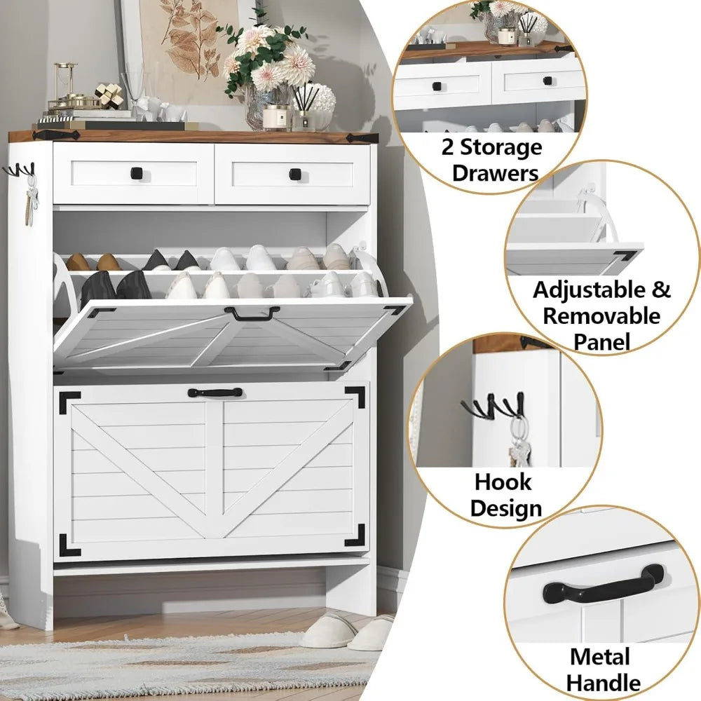 Shoe Cabinet with 2 Flip Drawers, Hidden Shoe Storage Cabinet with 2 Pull-Out Drawers, Farmhouse Shoe Organizer for Entryway, Na