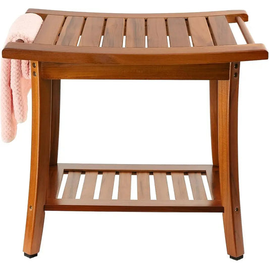 Teak Shower Bench With Handles And Towel Shelf