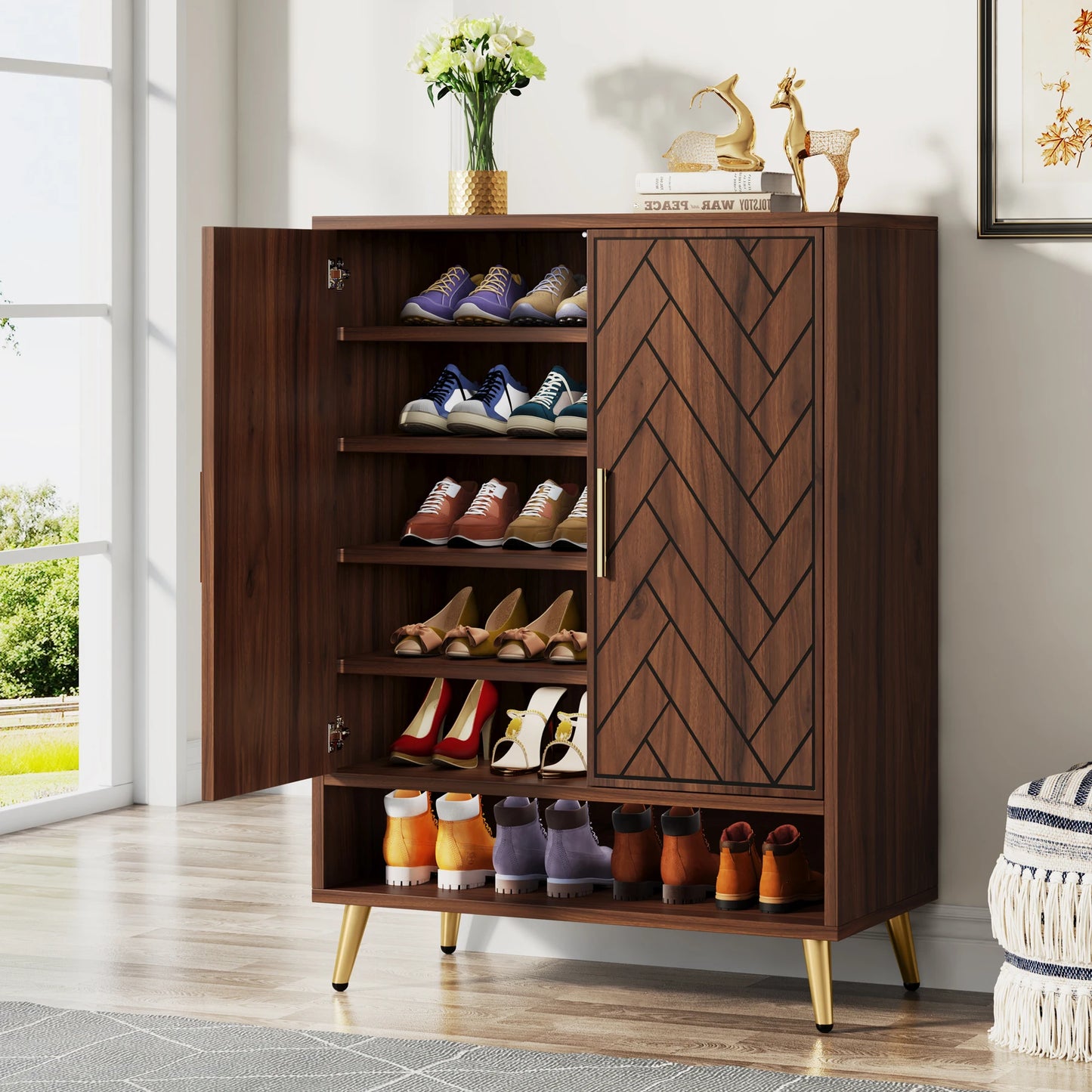 Tribesigns 6-Tier Shoe Cabinet With Doors Walnut Wood Entryway Storage