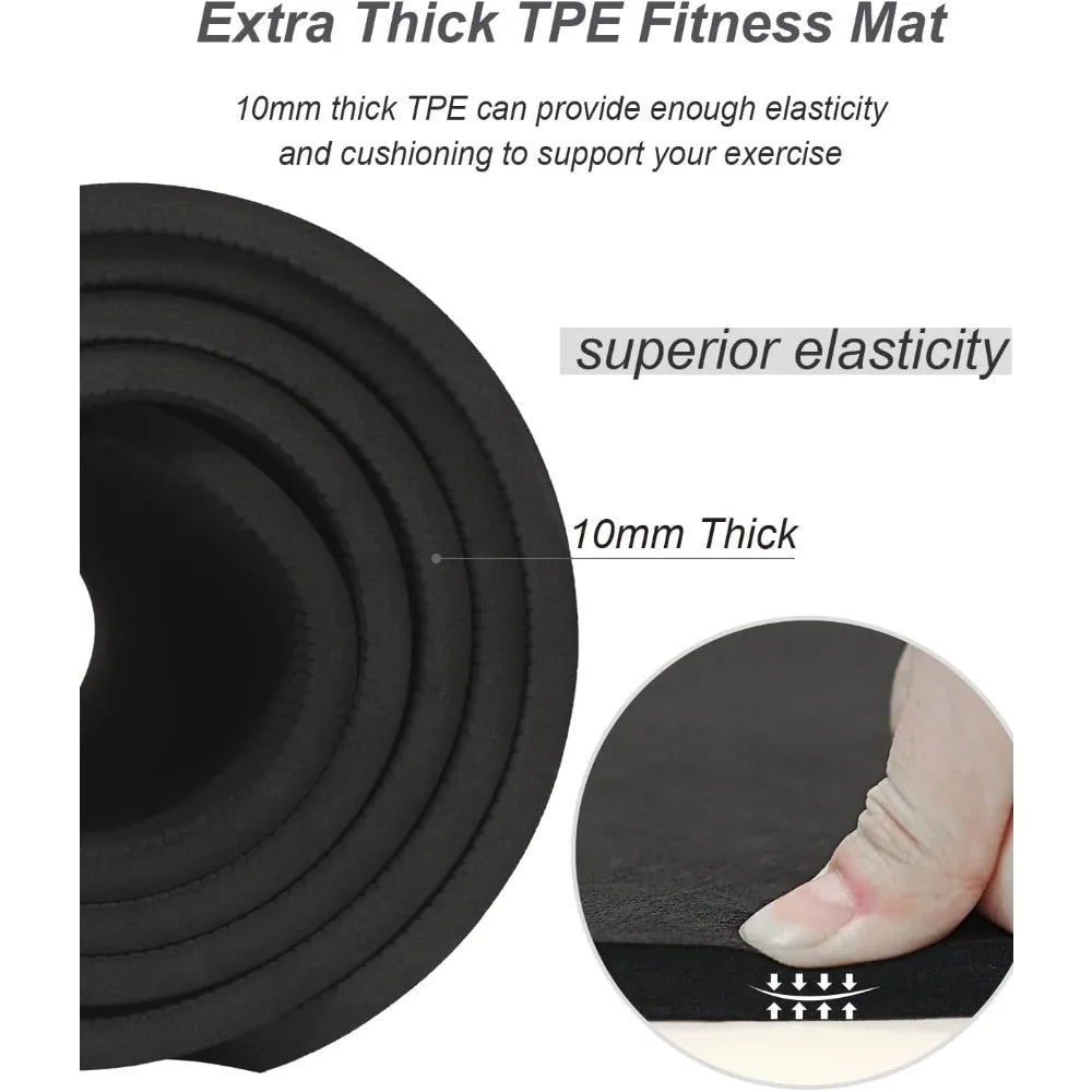 Thick 10mm Yoga Mat with Carrying Bag for Home and Travel - Wide, Non-Slip Exercise Mat for Gym Workouts