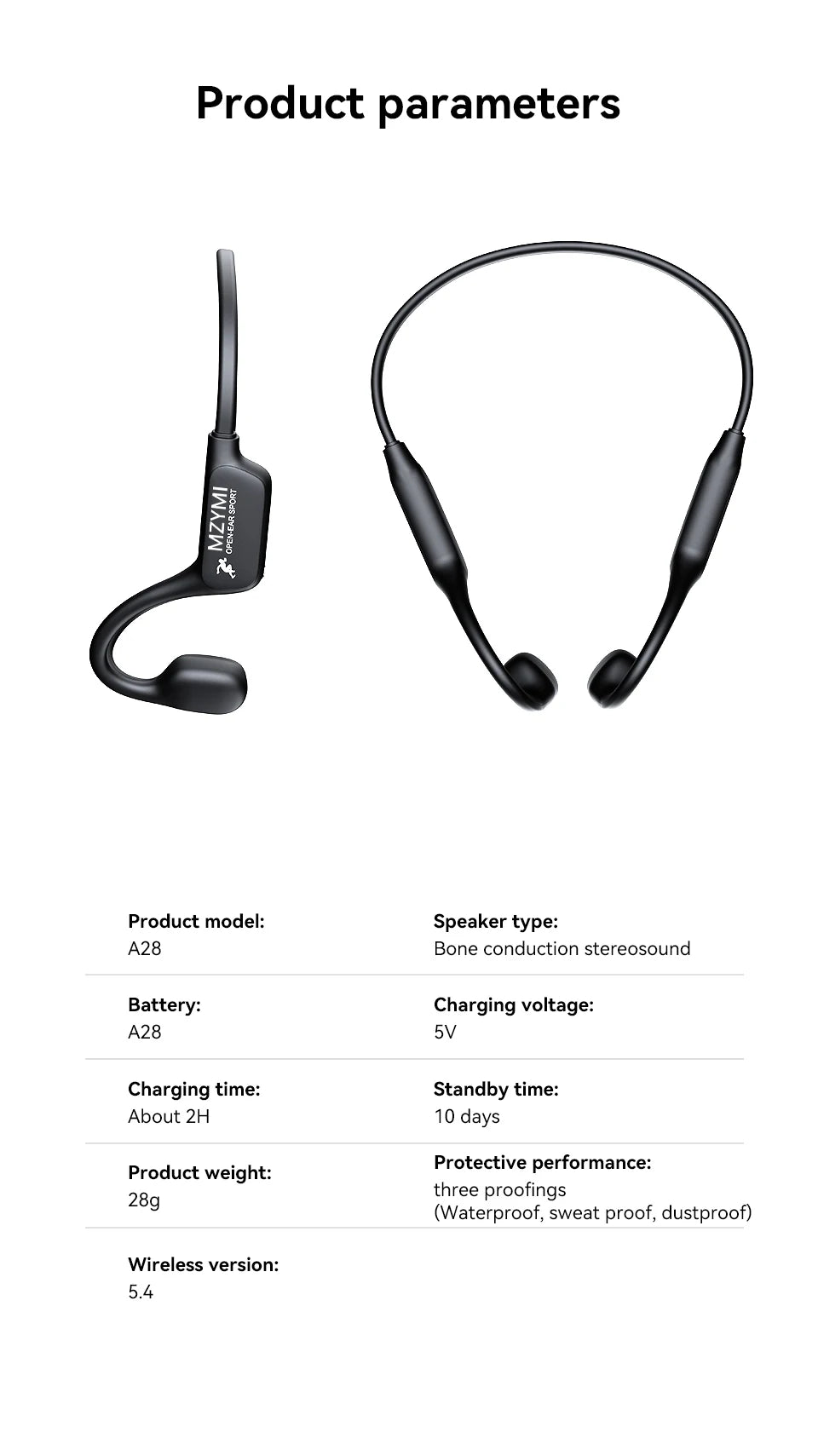 Neckband Bluetooth 5.4 Earphones A28 TWS Waterproof ENC Noise Reduction