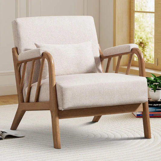 Mid Century Modern Accent Chair with Solid Wood Frame, Upholstered Living Room Chairs with Lumbar Cushion Padded Arms, Reading A