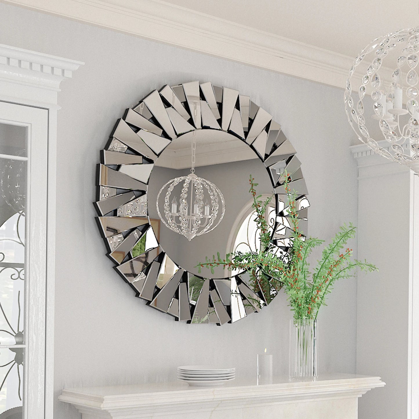 Sunburst Round Mirror Wall Decor Silver Glass Wall Mount