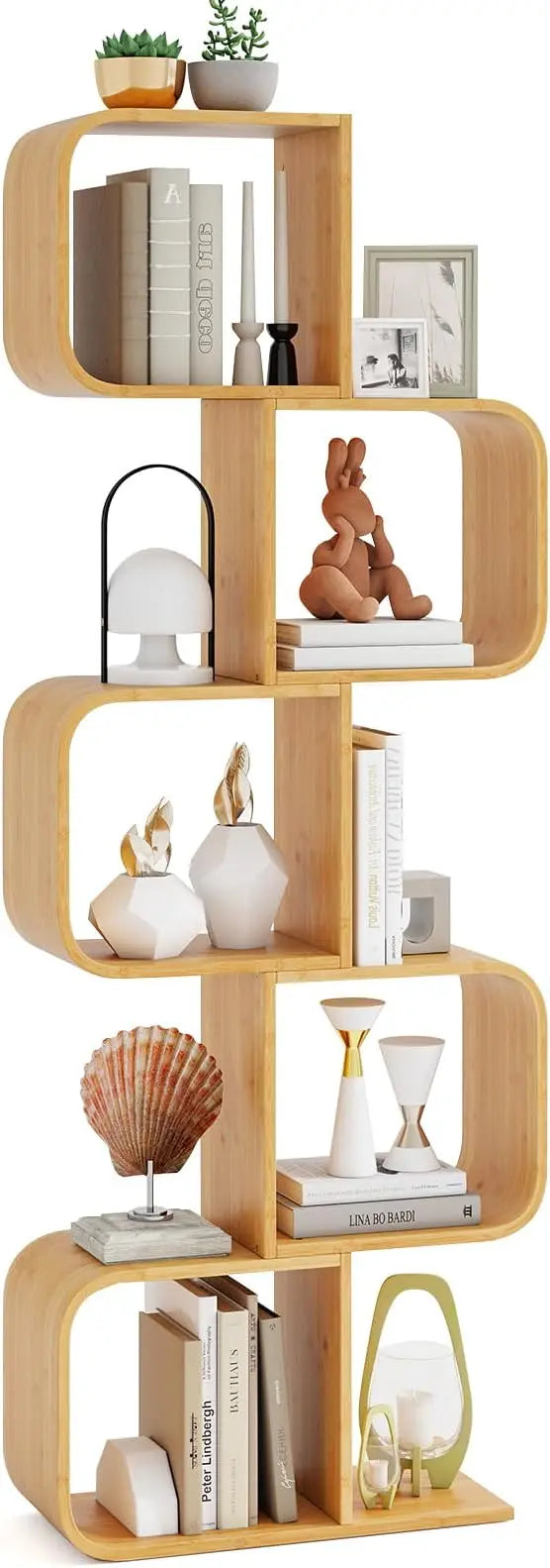Bamboo Geometric Bookshelf 5-Tier S-Shaped Freestanding Display Shelf Unit Modern