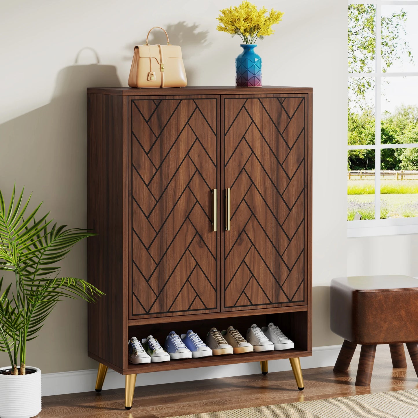 Tribesigns 6-Tier Shoe Cabinet With Doors Walnut Wood Entryway Storage