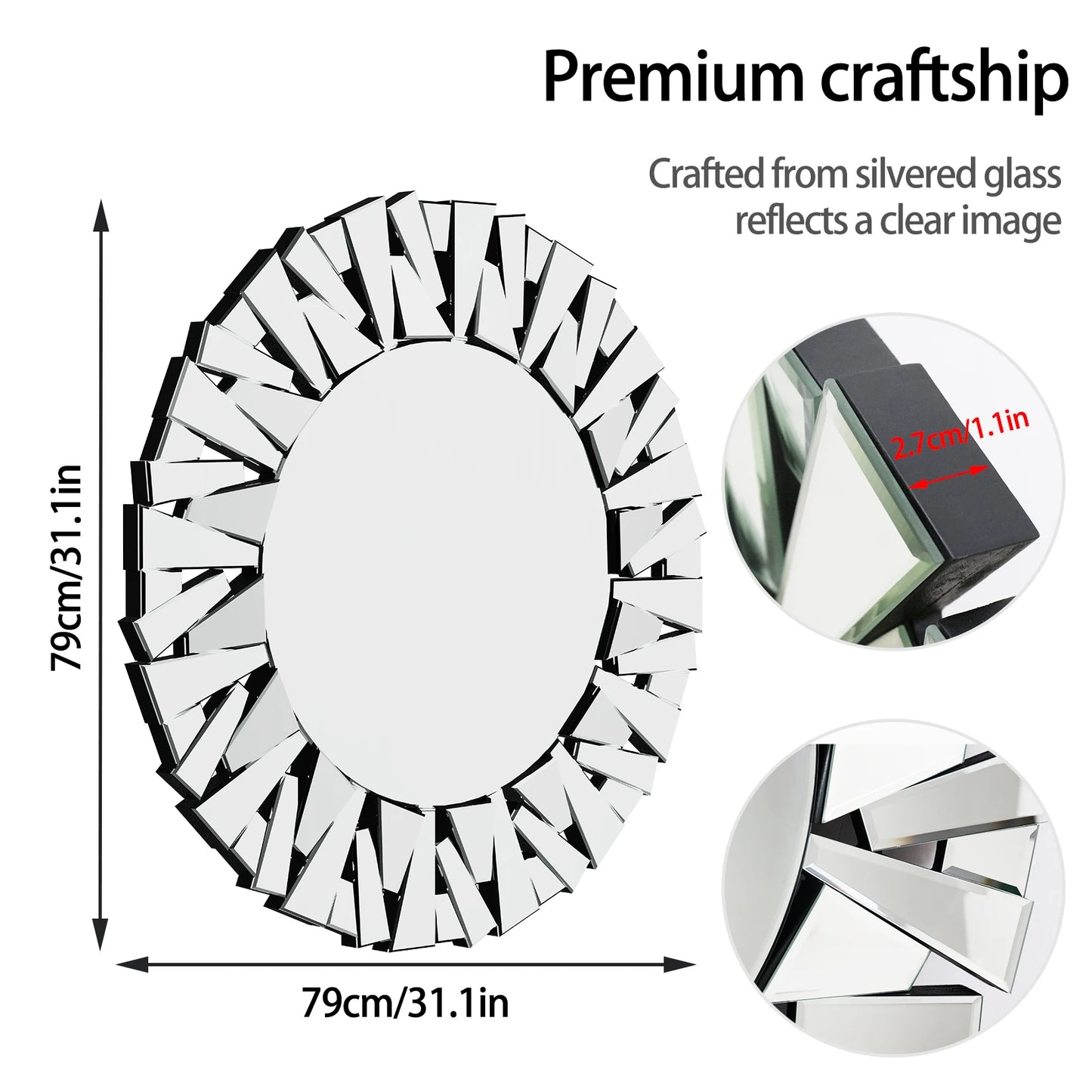 Sunburst Round Mirror Wall Decor Silver Glass Wall Mount