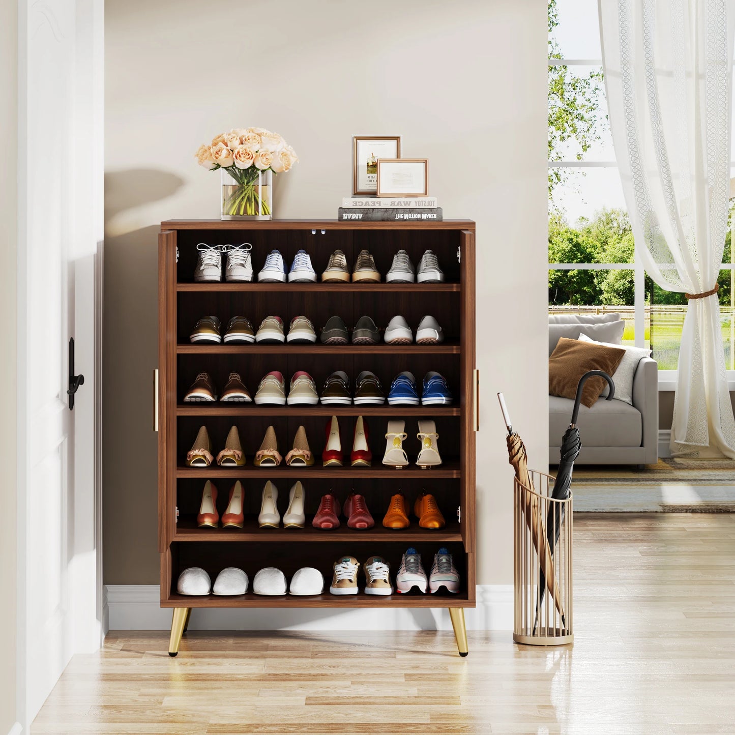Tribesigns 6-Tier Shoe Cabinet With Doors Walnut Wood Entryway Storage