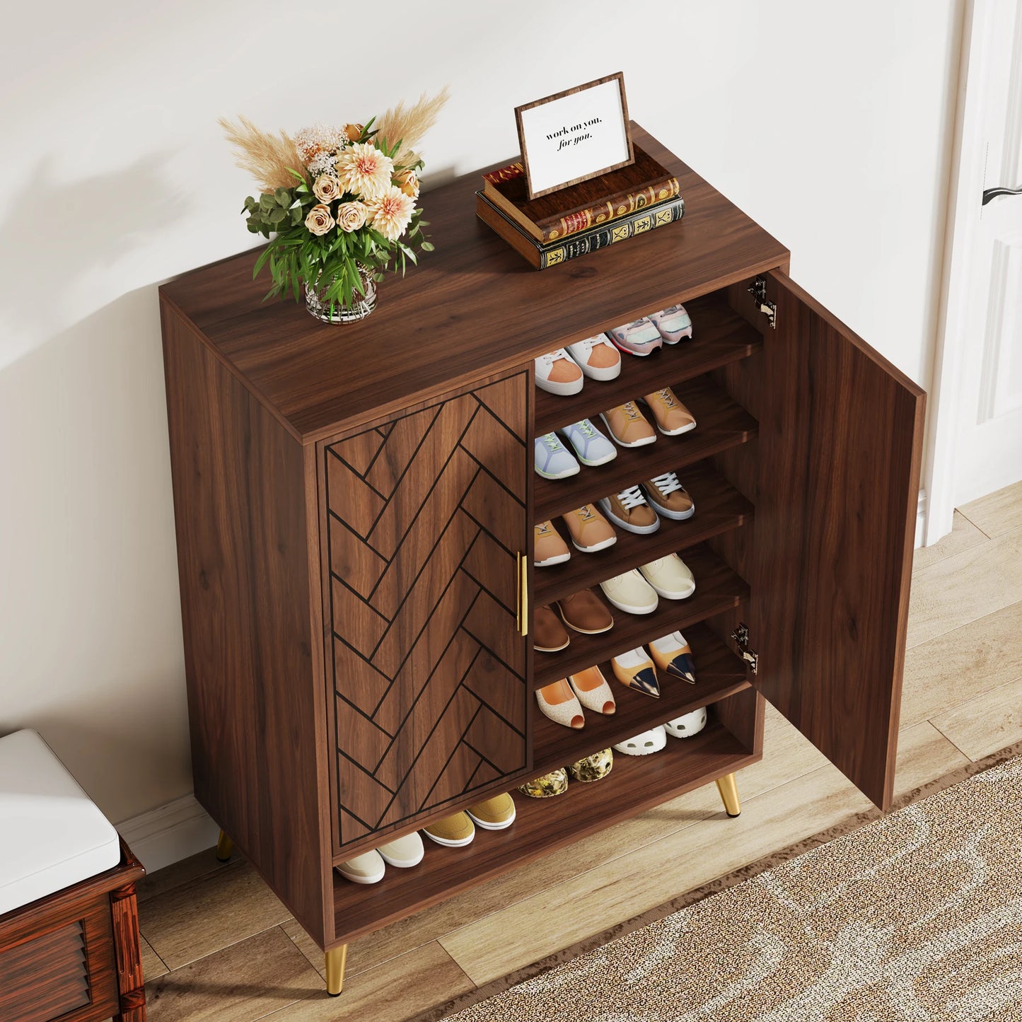 Tribesigns 6-Tier Shoe Cabinet With Doors Walnut Wood Entryway Storage