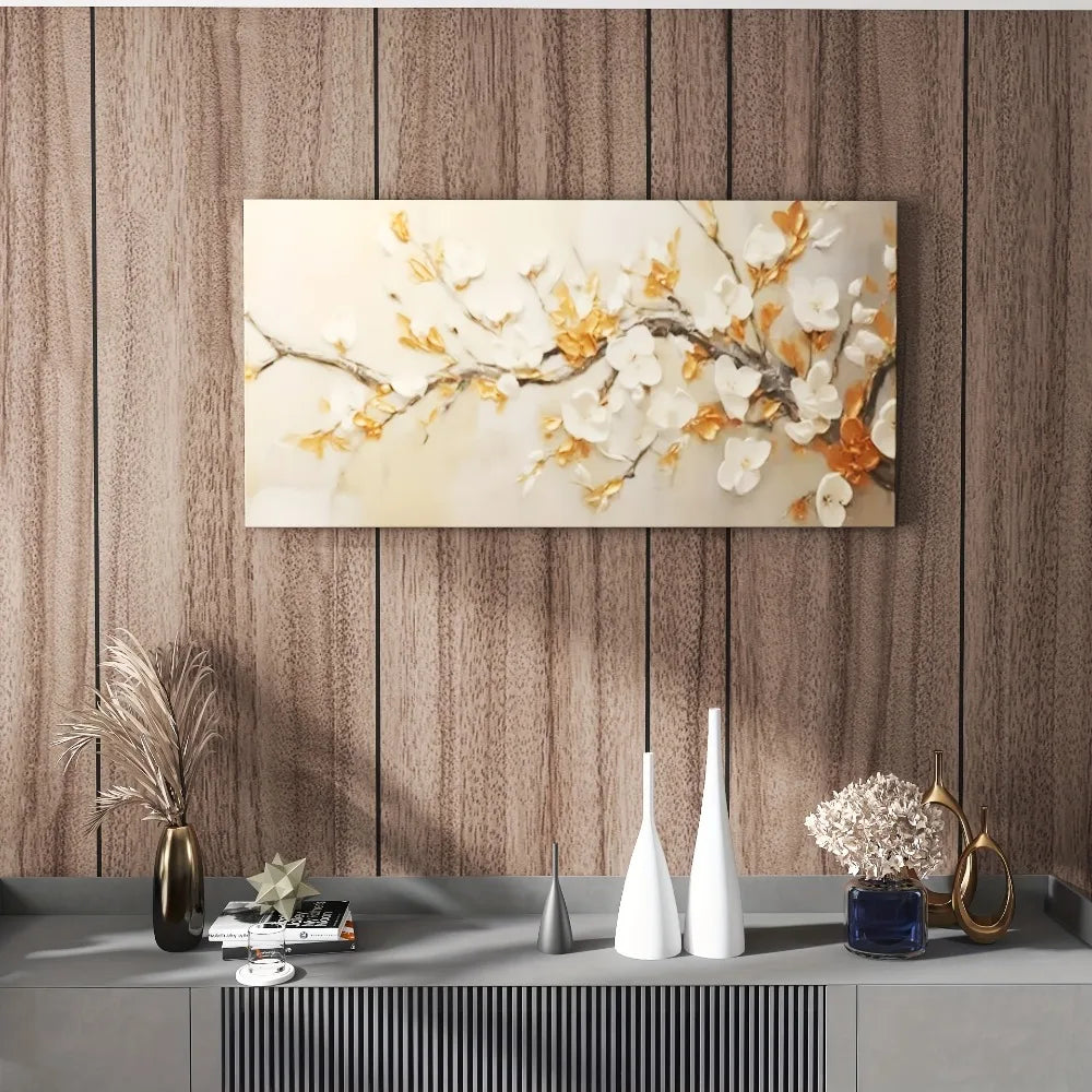 Large modern pine frame plum blossom canvas wall art - 1.5 "thick abstract flower painting with gold accents