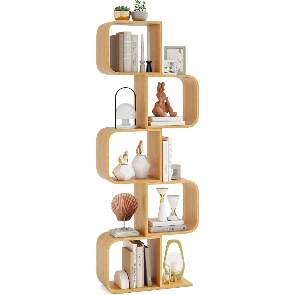 Bamboo Geometric Bookshelf 5-Tier S-Shaped Freestanding Display Shelf Unit Modern