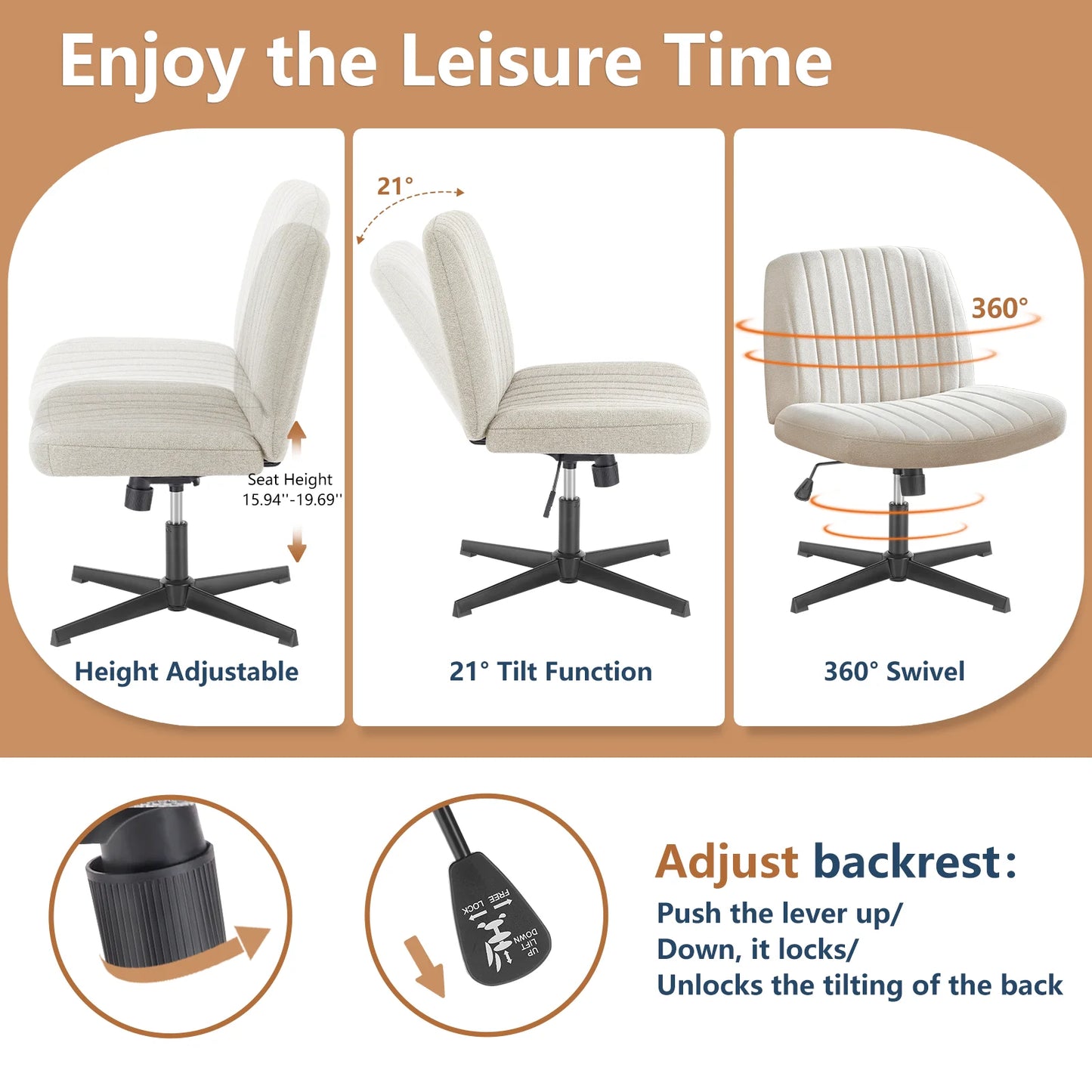JHK Cross Legged Office Chair With Rocking Swivel Fabric
