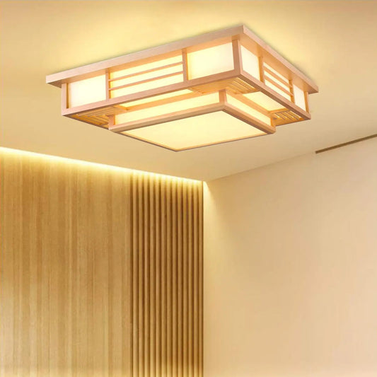 LED Ceiling Light Remote Dimming Japanese Zen Style Wood Fixture