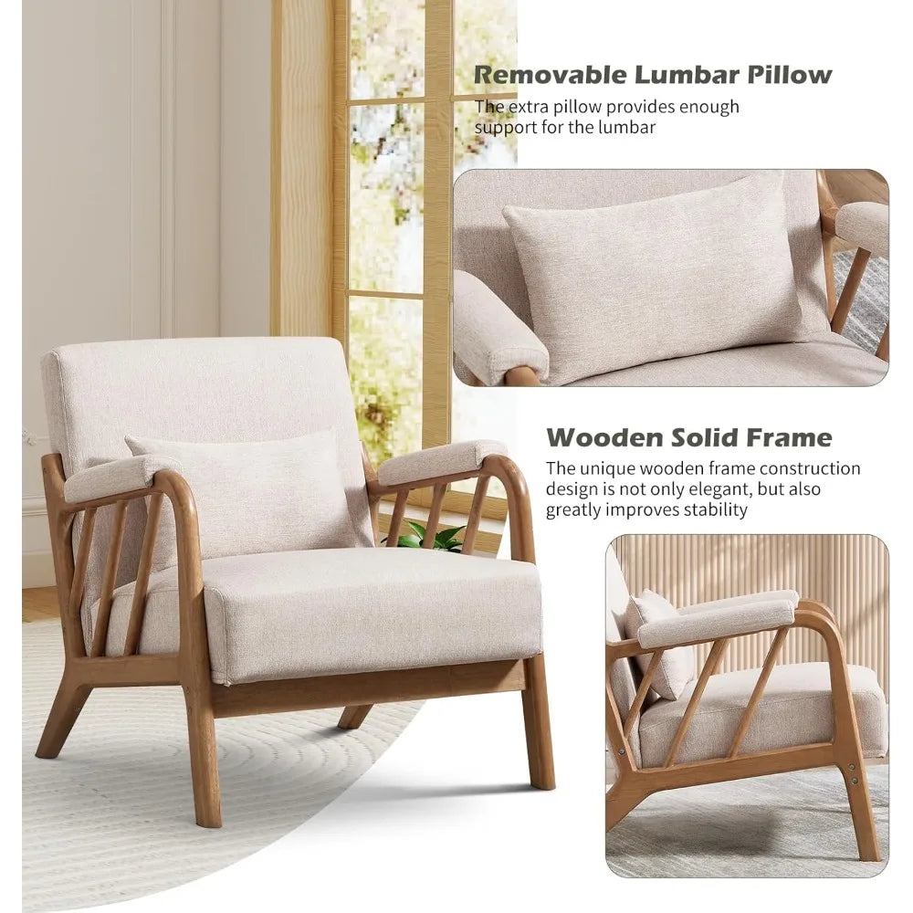 Mid Century Modern Accent Chair with Solid Wood Frame, Upholstered Living Room Chairs with Lumbar Cushion Padded Arms, Reading A