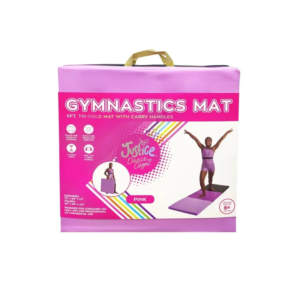 6ft Folding Gymnastics Mat Pink 1.5 Inch, Multi-Color with Carry Handles for Home Gym, Yoga & Kids Play