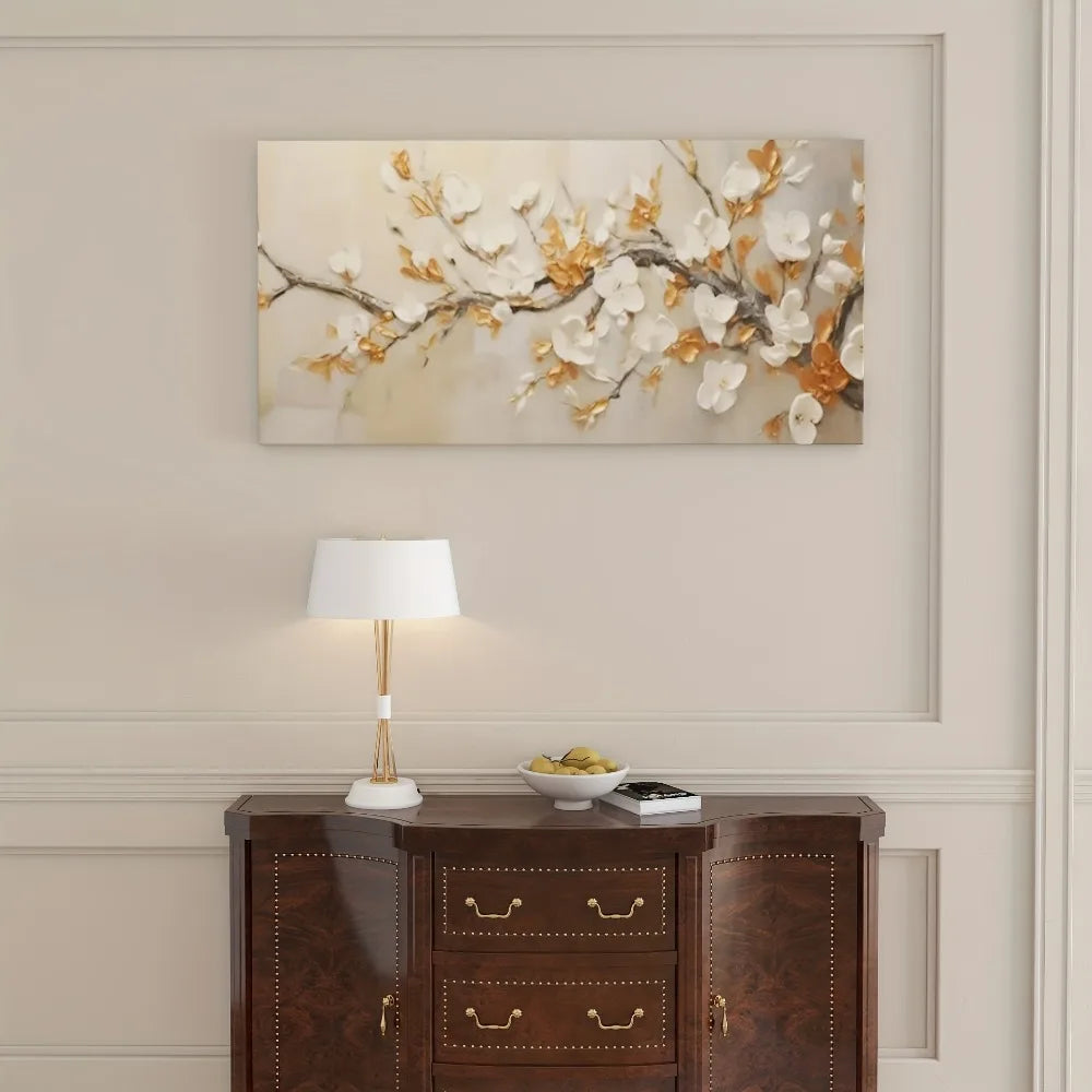 Large modern pine frame plum blossom canvas wall art - 1.5 "thick abstract flower painting with gold accents