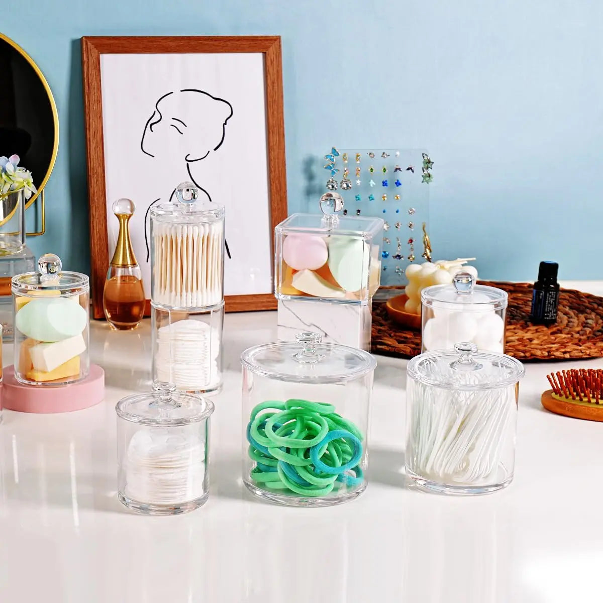 Clear Acrylic Apothecary Jars With Lids And Q Tip Holder
