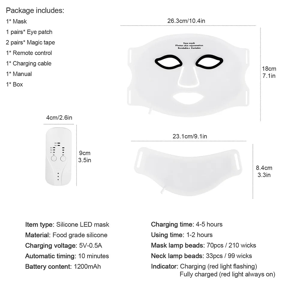 Foreverlily Silicone LED Mask With Neck 7 Color Red Light Infrared Therapy