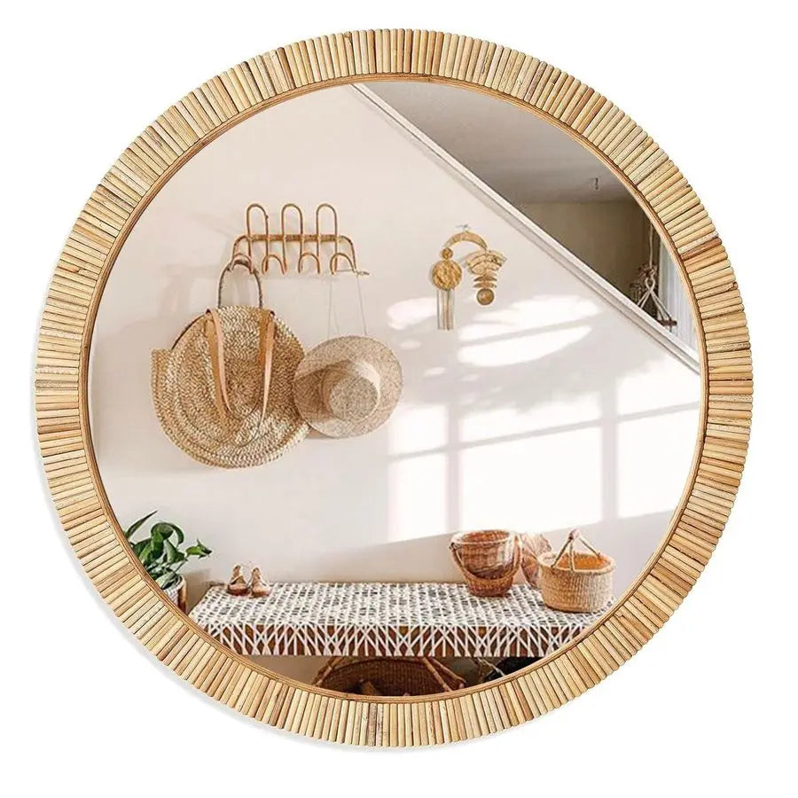 Rattan Wall Mirror Boho Round Vanity For Bedroom Living Room