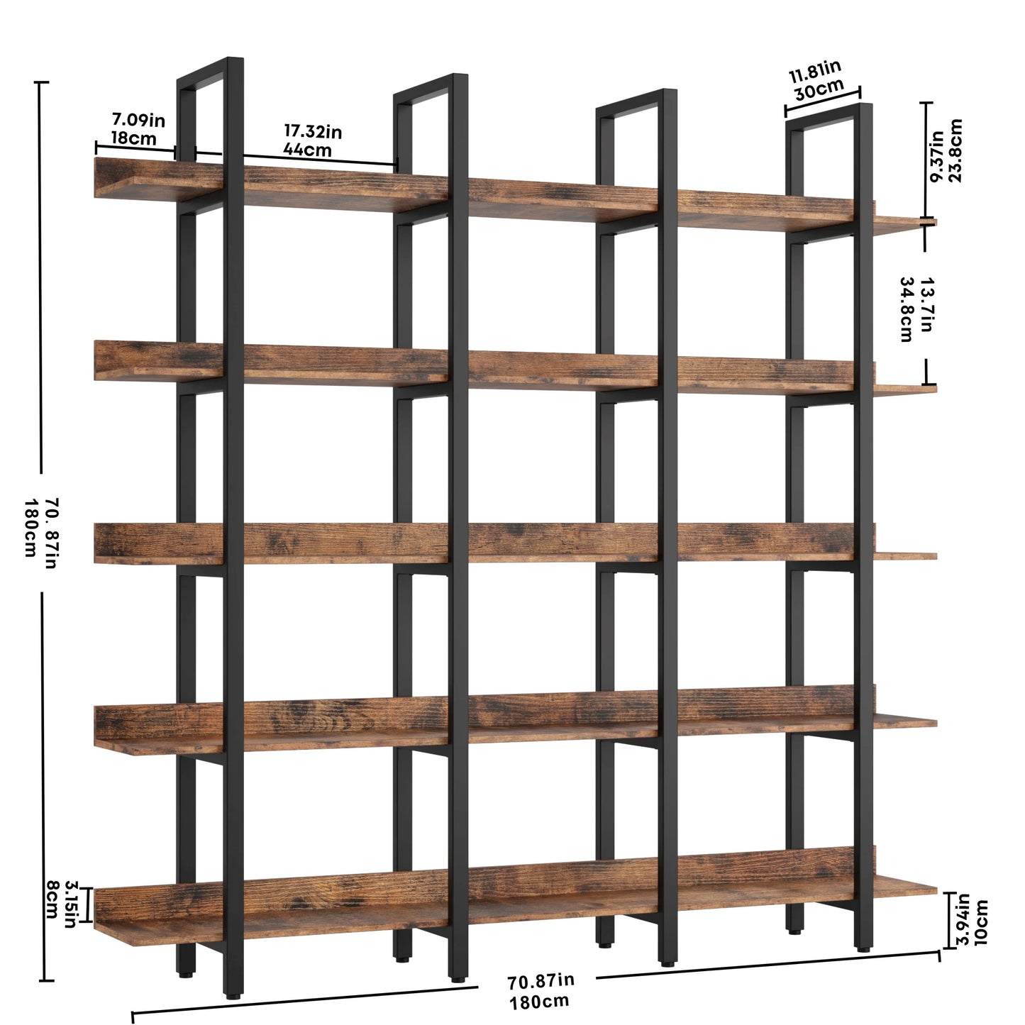IRONCK Triple Wide 5 Tier Etagere Bookcase With Back Fence