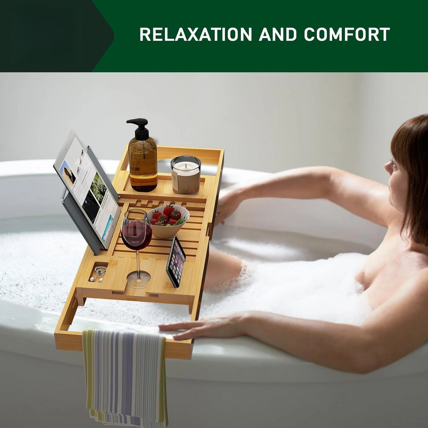 Hign-concerned SuperCollapsible Bamboo Bathtub Caddy Tray with Wine Glass Holders