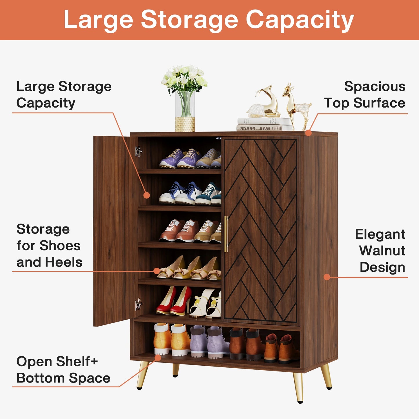 Tribesigns 6-Tier Shoe Cabinet With Doors Walnut Wood Entryway Storage